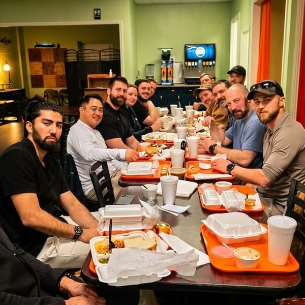 A group of men sitting at a long table in a casual restaurant, eating meals served on orange trays.