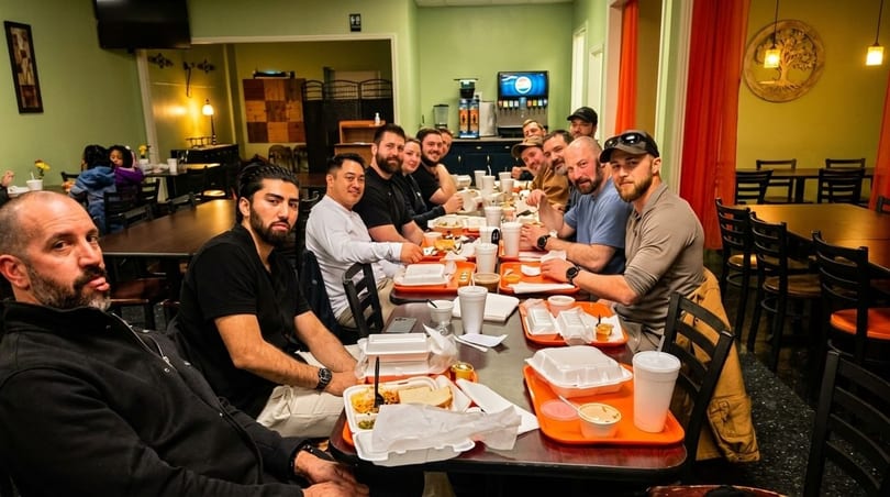 A group of men sitting at a long table in a casual restaurant, eating meals served on orange trays.