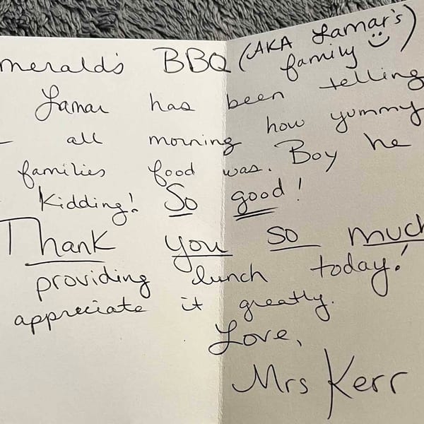 A handwritten thank you note from Mrs. Kerr to Emerald's BBQ, praising their food.