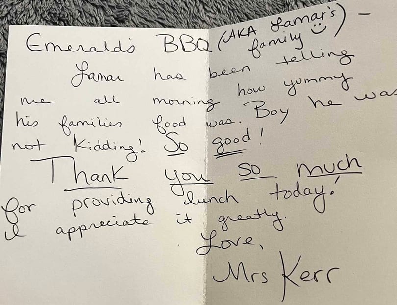 A handwritten thank you note from Mrs. Kerr to Emerald's BBQ, praising their food.