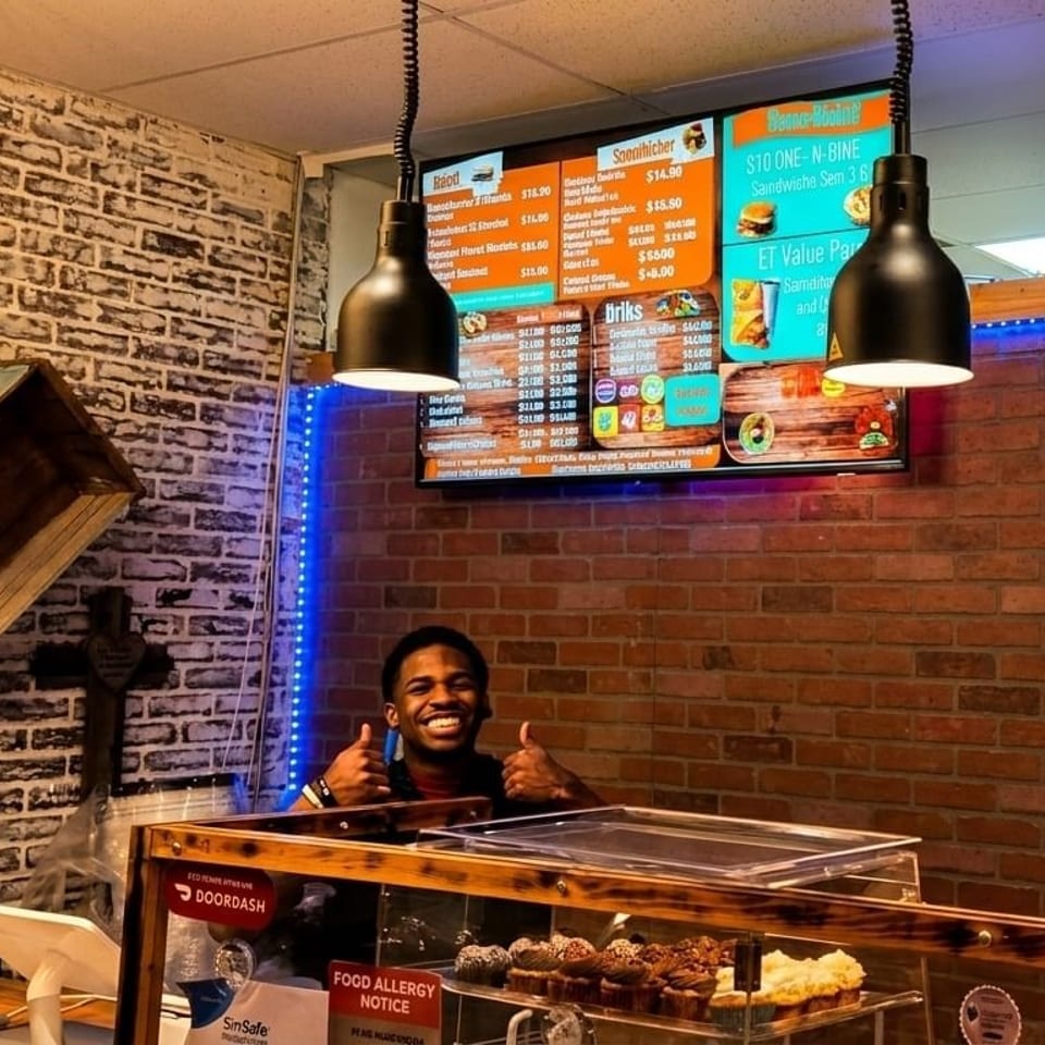 Smiling man giving thumbs up behind a counter with cupcakes, brick walls, and menu screens.