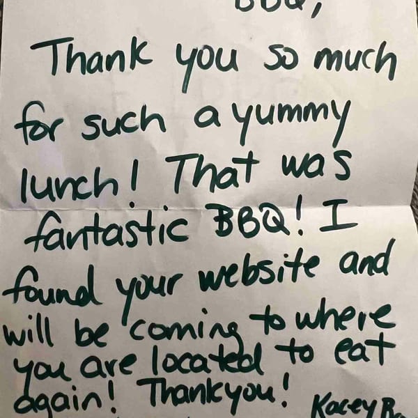 A handwritten thank you note to Emerald's Touch BBQ from Kacey Brown of Eagle Ridge Academy.