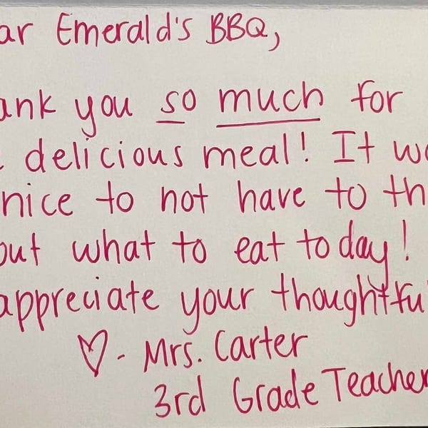 A handwritten thank you note from Mrs. Carter, a 3rd Grade Teacher, to Emerald's BBQ.