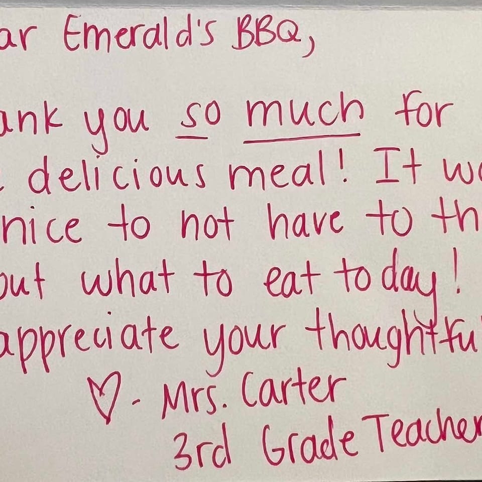 A handwritten thank you note from Mrs. Carter, a 3rd Grade Teacher, to Emerald's BBQ.
