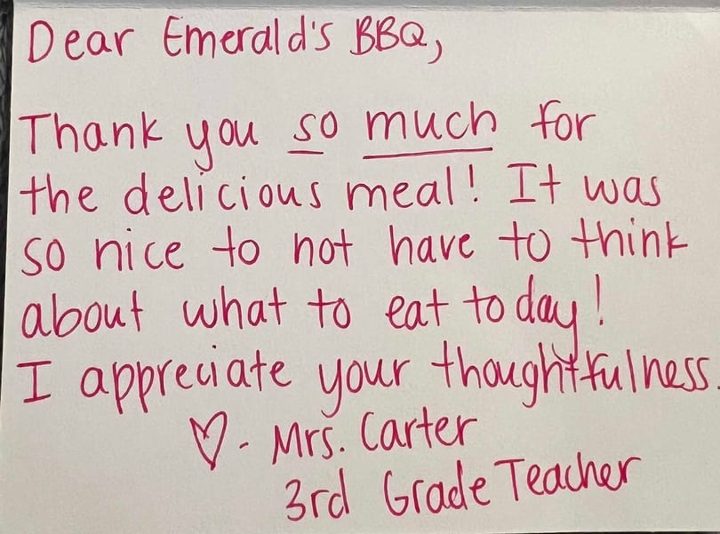 A handwritten thank you note from Mrs. Carter, a 3rd Grade Teacher, to Emerald's BBQ.