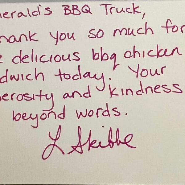 A handwritten thank you note to Emerald's BBQ Truck for a delicious BBQ chicken sandwich.