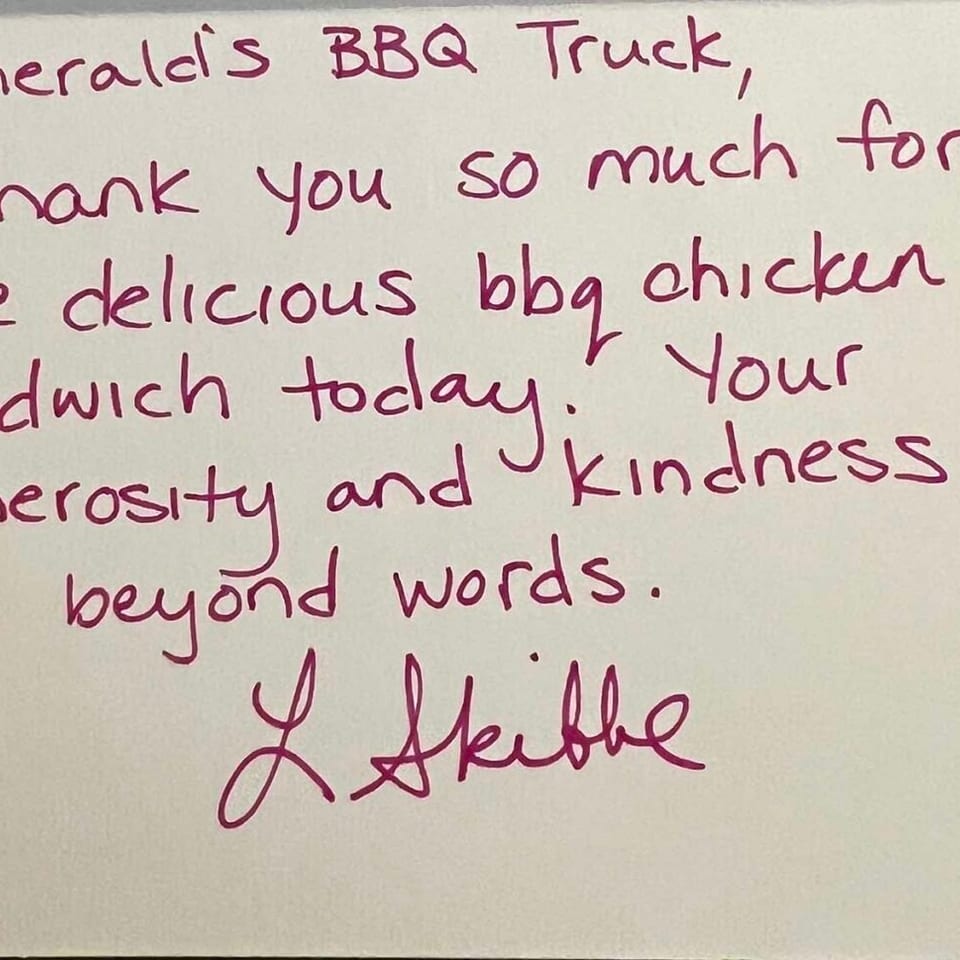 A handwritten thank you note to Emerald's BBQ Truck for a delicious BBQ chicken sandwich.