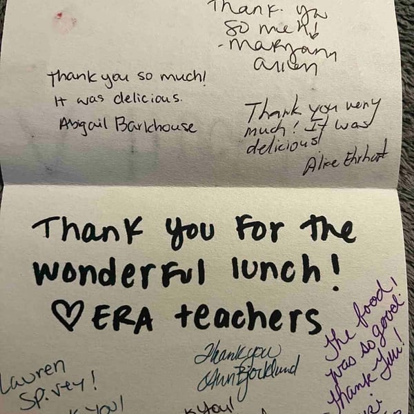 A handwritten thank you card from ERA teachers, praising the delicious and wonderful lunch.
