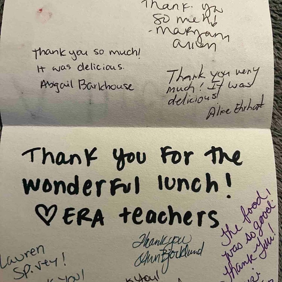 A handwritten thank you card from ERA teachers, praising the delicious and wonderful lunch.