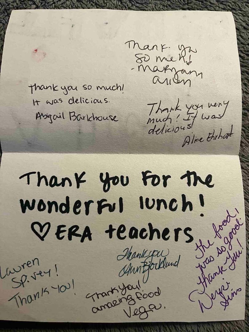 A handwritten thank you card from ERA teachers, praising the delicious and wonderful lunch.